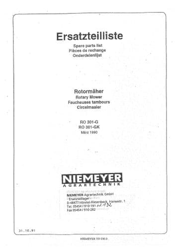 Niemeyer Rotary Mower RO301G RO301GK Parts Manual