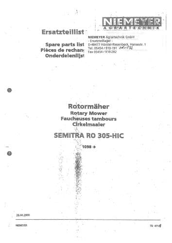 Niemeyer Rotary Mower Semitra RO305HIC Parts Manual