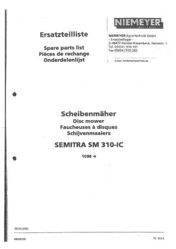 Niemeyer Rotary Mower Semitra RO310IC Parts Manual