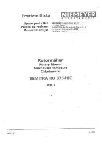 Niemeyer Rotary Mower Semitra RO375HIC Parts Manual