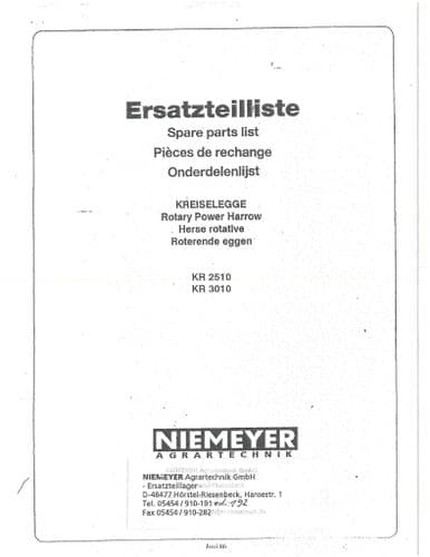 Niemeyer Rotary Power Harrow KR2510 KR3010 Parts Manual