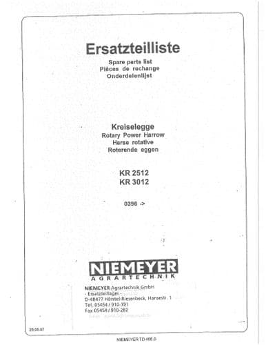 Niemeyer Rotary Power Harrow KR2512 KR3012 Parts Manual