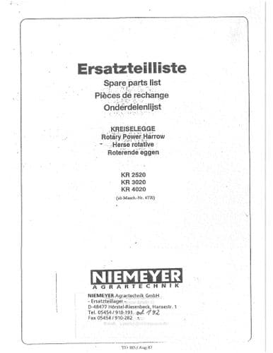 Niemeyer Rotary Power Harrow KR2520 KR3020 KR4020 Parts Manual