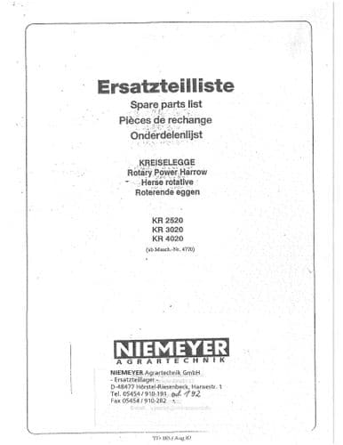 Niemeyer Rotary Power Harrow KR2520 KR3020 KR4020 Parts Manual