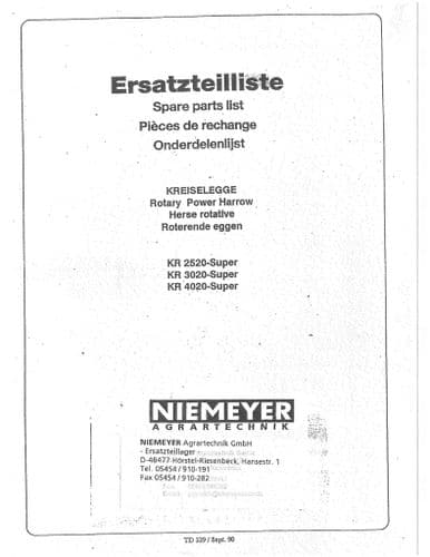 Niemeyer Rotary Power Harrow KR2520 KR3020 KR4020 Super Parts Manual