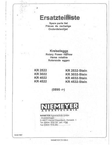 Niemeyer Rotary Power Harrow KR2522 KR3022 KR4022 KR4522 KR2532 KR3032 KR4032 KR4532 Parts Manual
