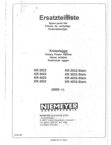 Niemeyer Rotary Power Harrow KR2522 KR3022 KR4022 KR4522 KR2532 KR3032 KR4032 KR4532 Parts Manual