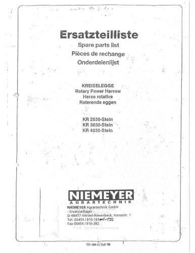 Niemeyer Rotary Power Harrow KR2530 KR3030 KR4030 Parts Manual