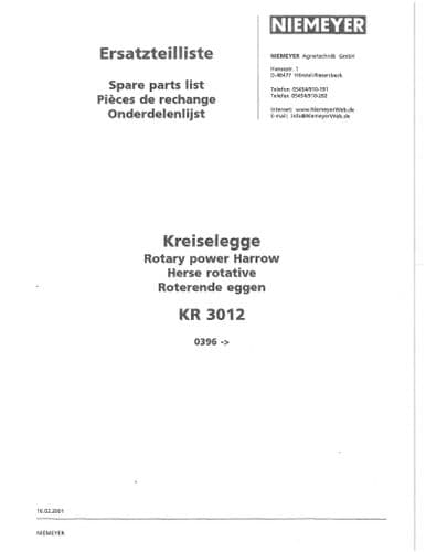 Niemeyer Rotary Power Harrow KR3012 Parts Manual