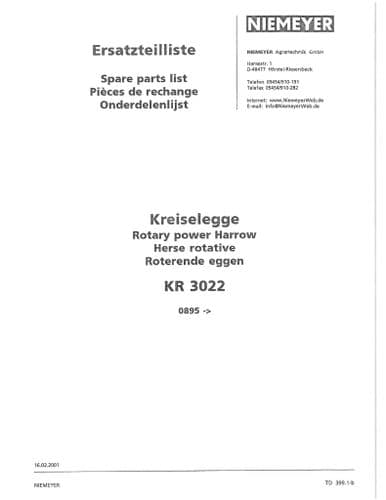 Niemeyer Rotary Power Harrow KR3022 Parts Manual