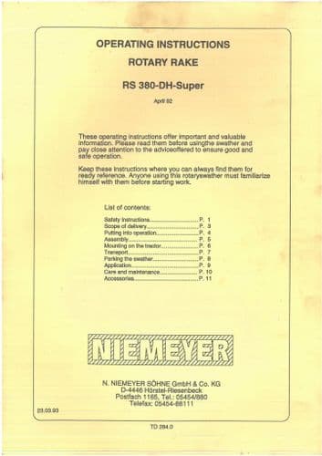 Niemeyer Rotary Rake RS 380-DH-Super Operators Manual - RS380