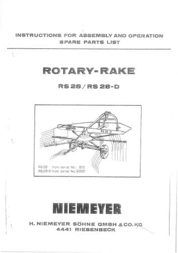 Niemeyer Rotary Rake RS28, RS28-D Operators Manual with Parts List - RS 28 28-D