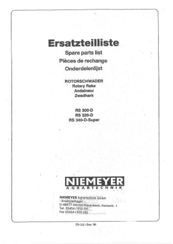 Niemeyer Rotary Rake RS300D RS320D RS340D Super Parts Manual