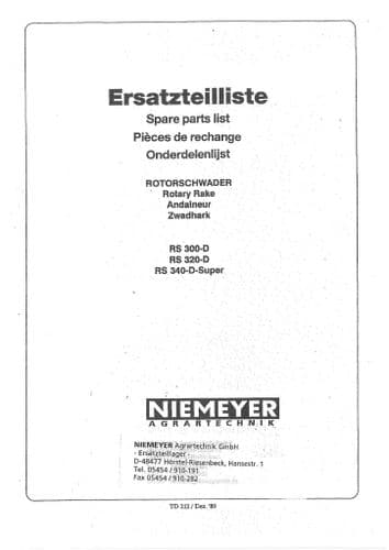Niemeyer Rotary Rake RS300D RS320D RS340D Super Parts Manual