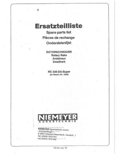 Niemeyer Rotary Rake RS330DA Super Parts Manual