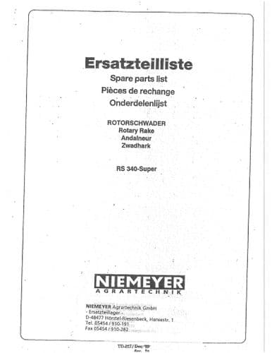 Niemeyer  Rotary Rake RS340 Super Parts Manual