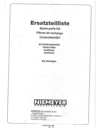 Niemeyer  Rotary Rake RS340 Super Parts Manual