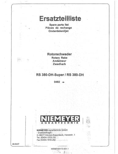 Niemeyer Rotary Rake RS380DH Super & RS380DH Parts Manual