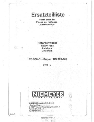Niemeyer Rotary Rake RS380DH Super & RS380DH Parts Manual