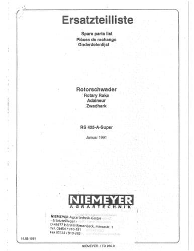 Niemeyer  Rotary Rake RS425A Super Parts Manual