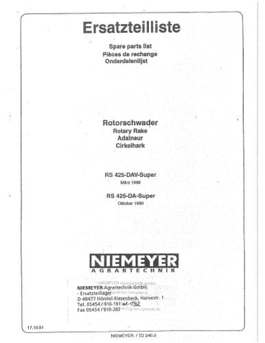 Niemeyer  Rotary Rake RS425DAV Super & RS425DA Super Parts Manual