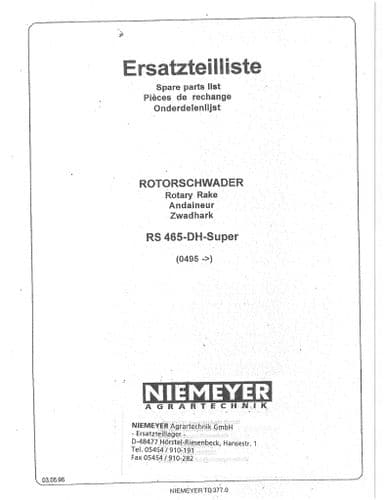 Niemeyer  Rotary Rake RS465DH Super Parts Manual