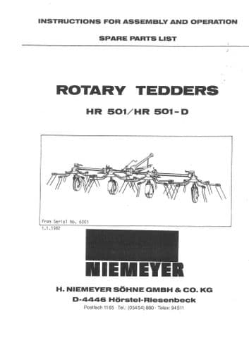 Niemeyer Rotary Tedder  HR-501 HR-501-D Operators Manual with Parts List HR 501 D