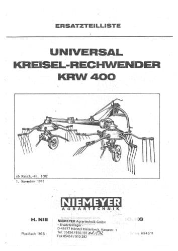 Niemeyer Rotary Tedder Universal Haymaker KRW400 Parts Manual (German Only)