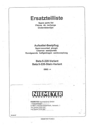 Niemeyer Semi Mounted Plough Beta 5-220 Parts Manual