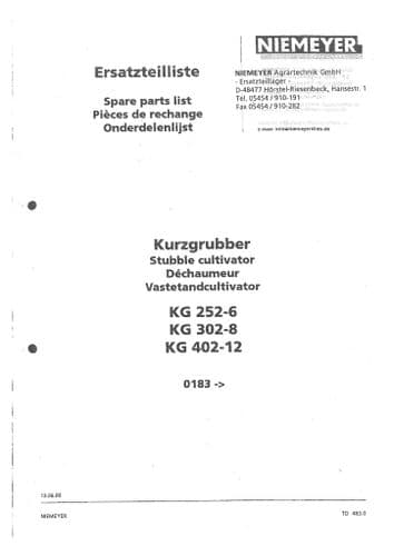 Niemeyer Stubble Cultivator KG252-6 KG302-8 KG402-12 Parts Manual