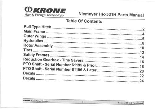 Niemeyer Tedder Rake  HR-531H Parts Manual