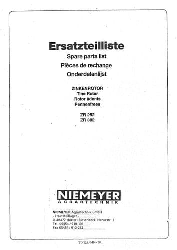 Niemeyer Tine Rotor ZR252 Z302 Parts Manual