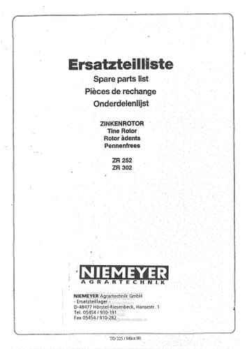 Niemeyer Tine Rotor ZR252 Z302 Parts Manual