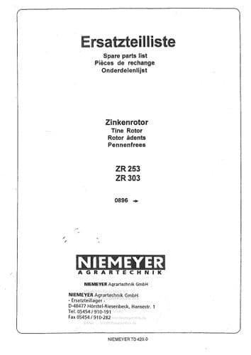 Niemeyer Tine Rotor ZR253 Z303 Parts Manual