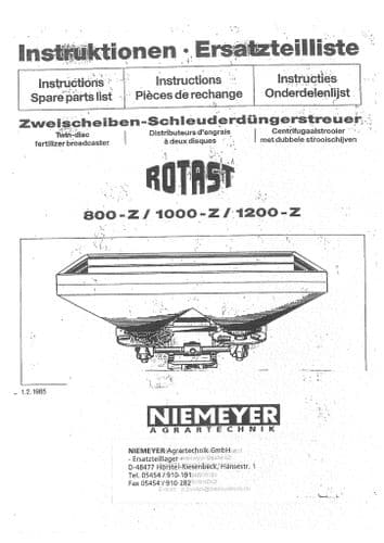 Niemeyer Twin Disc Fertiliser Broadcaster Rotast 800Z 1000Z 1200Z Operators and Parts Manual