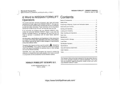 Nissan Forklift Truck D01 D02 Operator's Manual