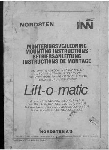 Nordsten Lift-o-Matic Mounted Instructions Seed Drill CLA CLB CLD CLF CLE Operators Manual