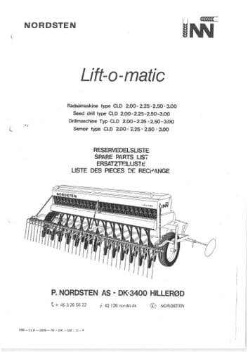 Nordsten Seed Drill Lift O Matic CLD 2m 2.25m 2.5m 3m Parts Manual