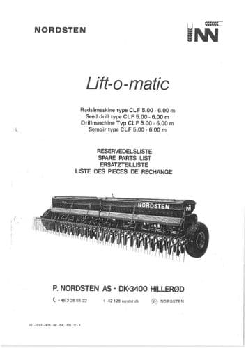 Nordsten Seed Drill Lift O Matic CLF 5m 6m Parts Manual