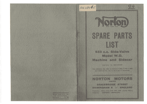 Norton Engine Side Valve Model WD Machine 633cc Parts Manual