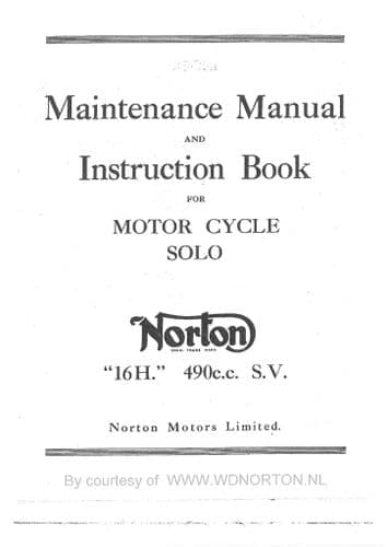 Norton Motor Cycle Solo Engine 16H 490cc SV Operators Manual