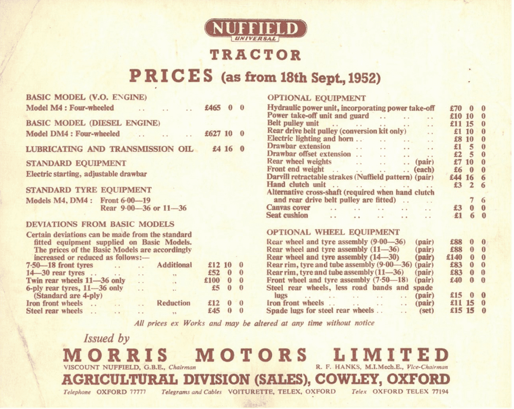 Nuffield Universal Tractor Prices List 18th September 1952
