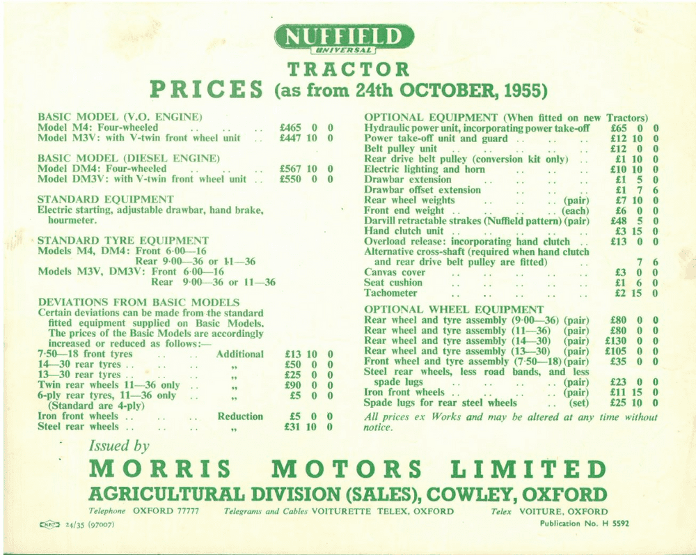 Nuffield Universal Tractor Prices List 24th October 1955
