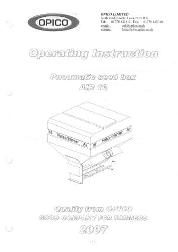 Opico Pneumatic Seed Box Air 16 Operators Manual with Parts List