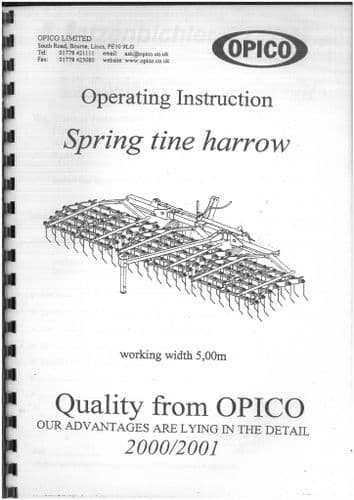 Opico Spring Tine Harrow 5m Operators Manual with Parts List