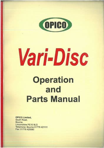 Opico Vari-Disc  VariDisc Skyros V225 V350 Operators Manual & Parts List