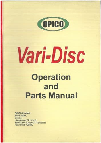 Opico Vari-Disc  VariDisc Skyros VH250 VH500 Operators Manual & Parts List