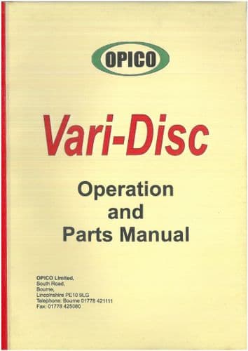 Opico Vari-Disc  VariDisc Skyros VH250 VH500 Operators Manual & Parts List