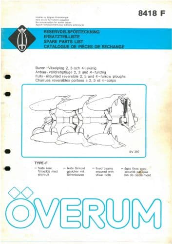 Overum Fully Mounted Reversible Plough BV397  Parts Manual 2, 3 & 4 Furrow BV 397