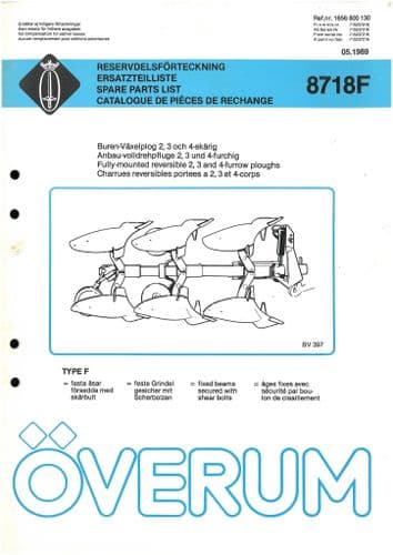 Overum Fully Mounted Reversible Plough BV397 Parts Manual 2, 3 & 4 Furrow BV 397